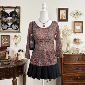 y2k girly grunge dainty sheer micro mesh floral babydoll top w cropped flare sle